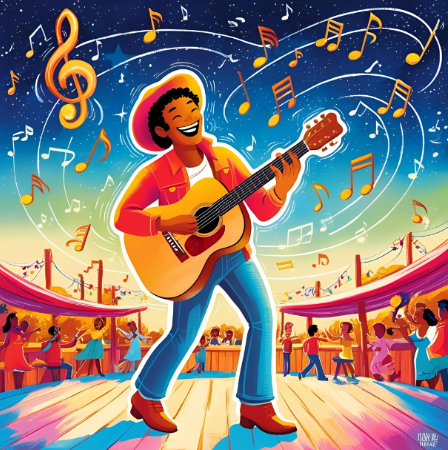 An image of a musician playing a guitar surrounded by musical notes and sound