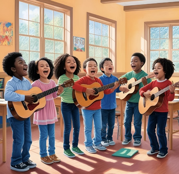 A group of children having a sing song with guitars