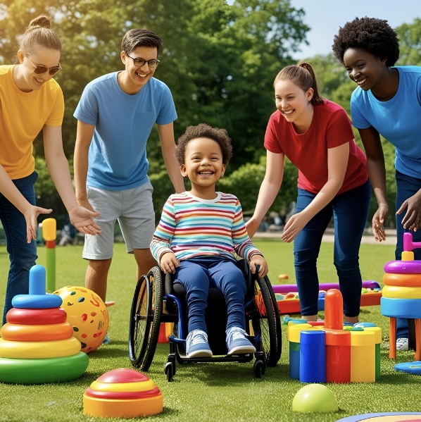 An image of a child in a wheelchair surrounded by adults and toys as objects of reference