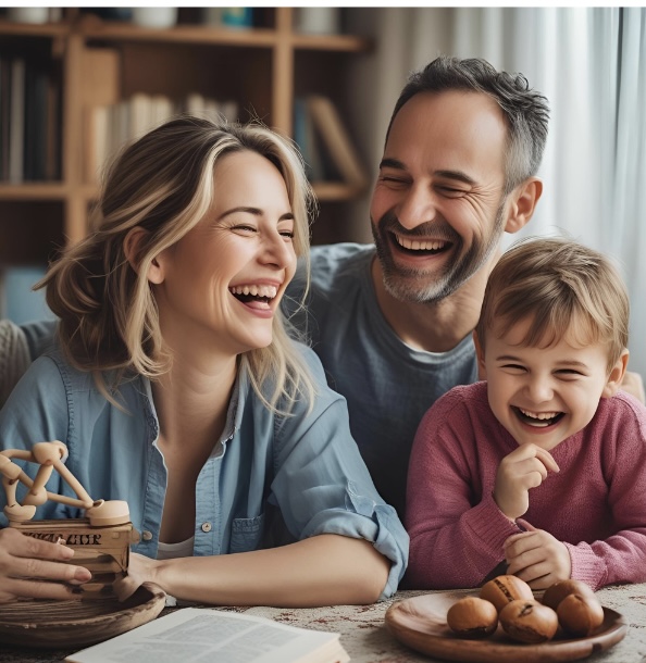 An image of a mum, dad and child laughing as laughter is the best medicine