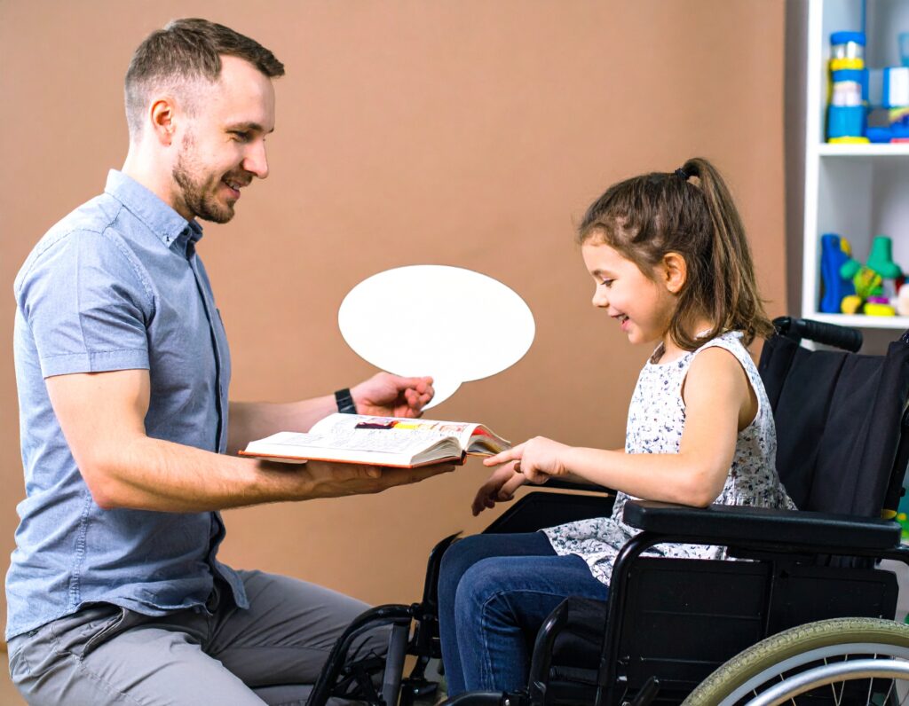 A male speech and language therapist with a book communicating to a young girl in a wheelchair