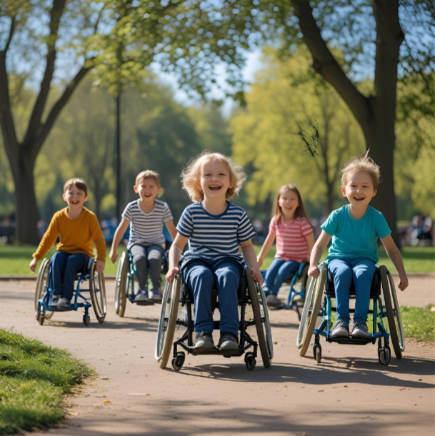 A disabled girl in a physiotherapy walking frame