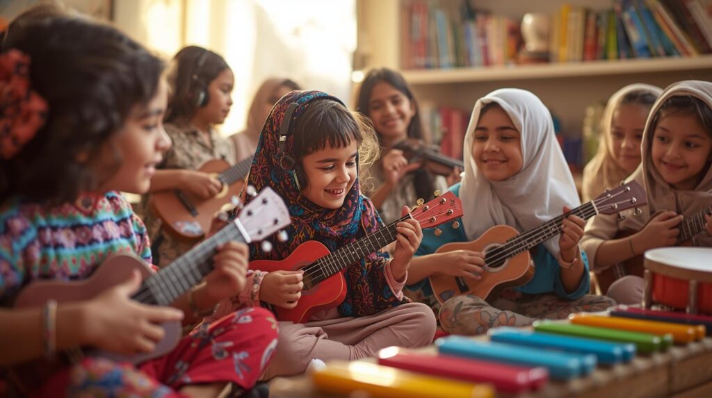 A music therapy session with Arabic girls playing a variety of instruments